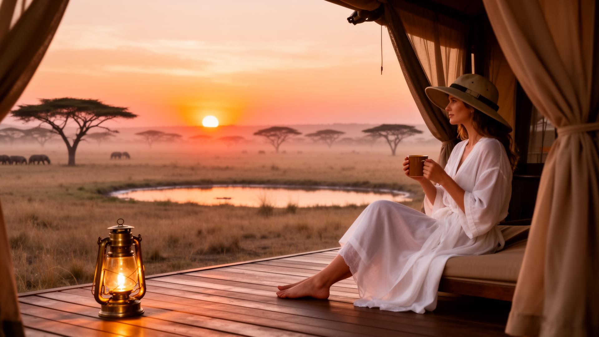 A woman in a wide safari hat sits on the deck of a luxury tented camp at golden hour in the Serengeti.