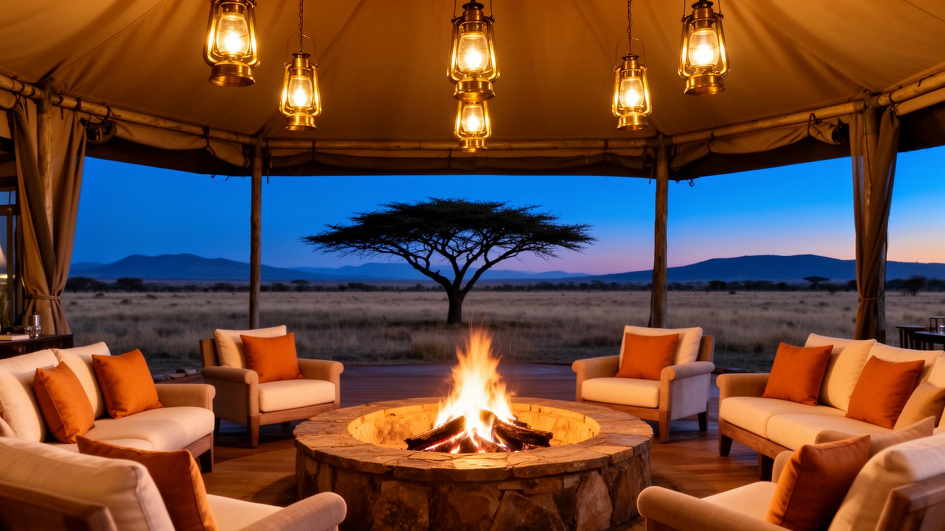 Luxury safari tented lounge with hanging lanterns and a fire pit at twilight.
